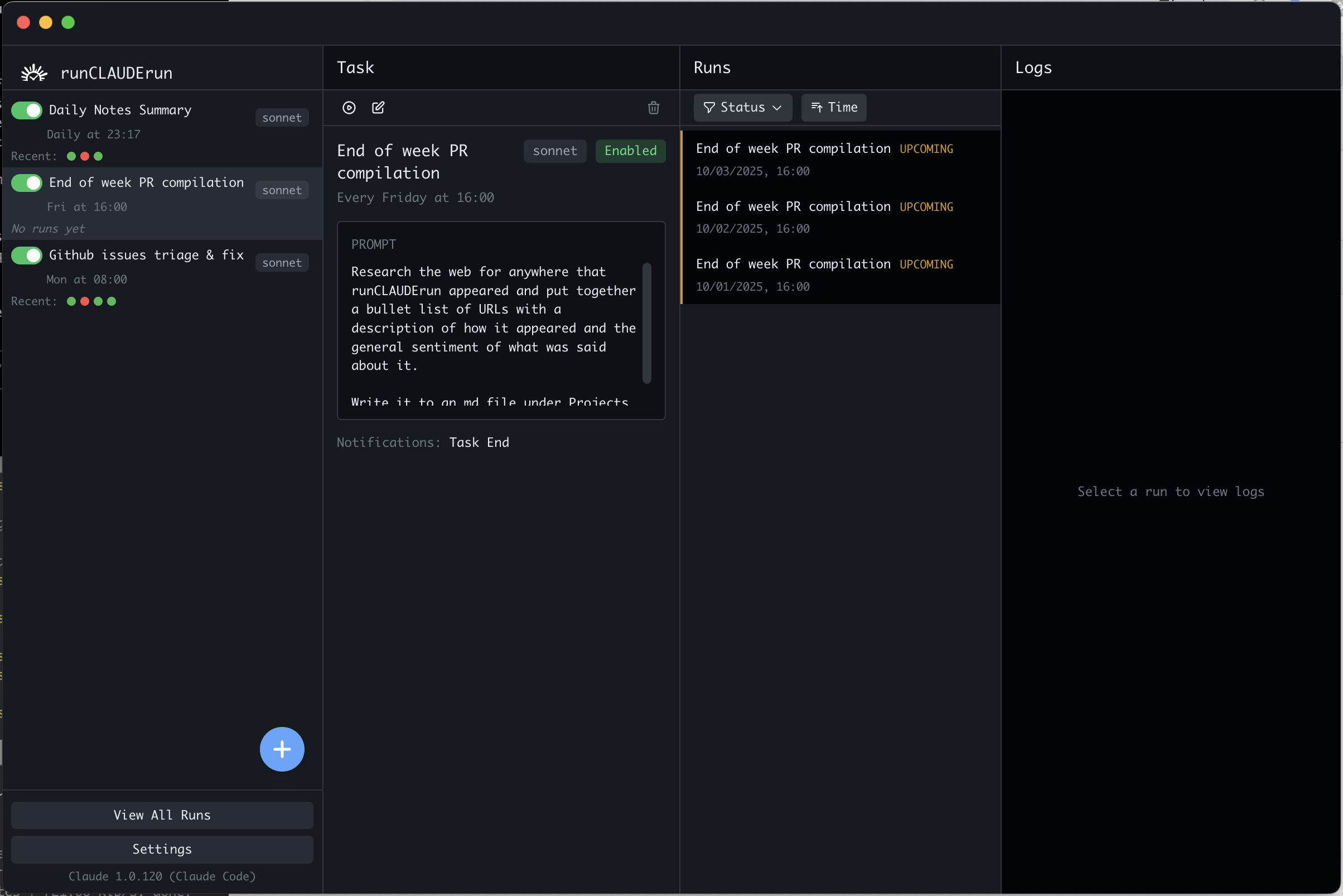 runCLAUDErun App Interface